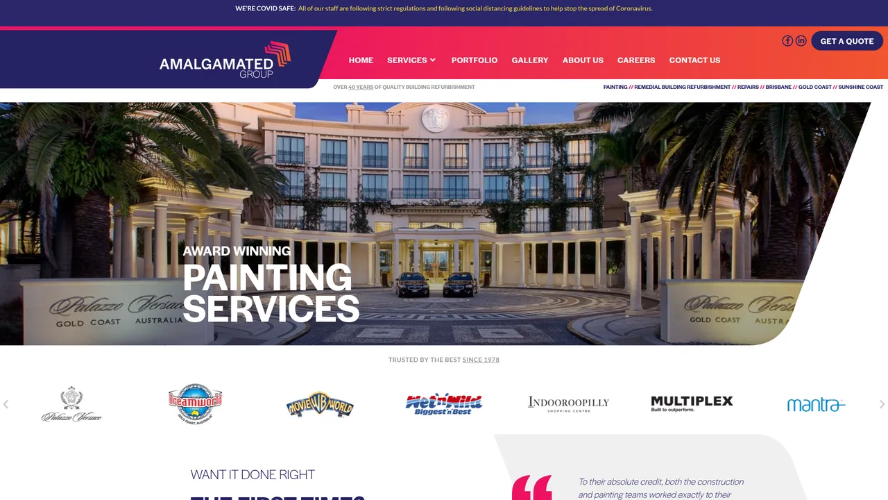The rebuilt amalgamatedgroup.com.au homepage on WordPress, showing an Award Winning Painting Services hero over a Palazzo Versace building and a trusted by the best client logo row