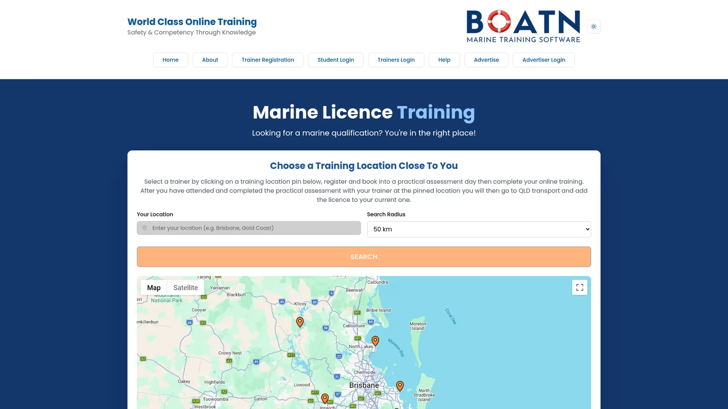 BOATN marine-training platform showing its branding, online learning pathway and Queensland trainer-location map