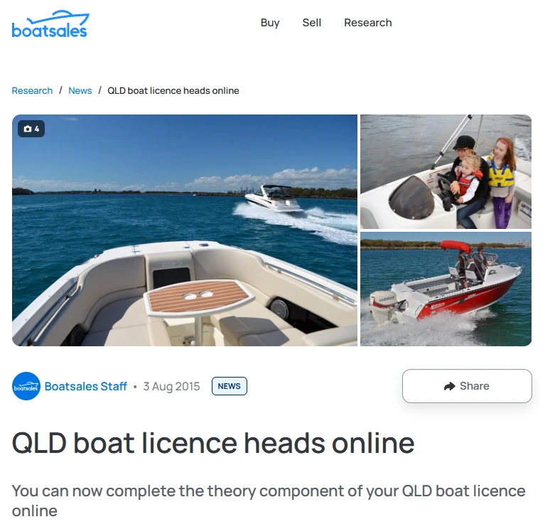 Full Boatsales article screenshot showing boating photographs, the 3 August 2015 publication date and the headline QLD boat licence heads online