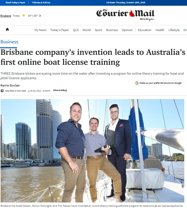 The Courier-Mail article reporting Australia's first online boat licence training, with a photograph of the platform's founders