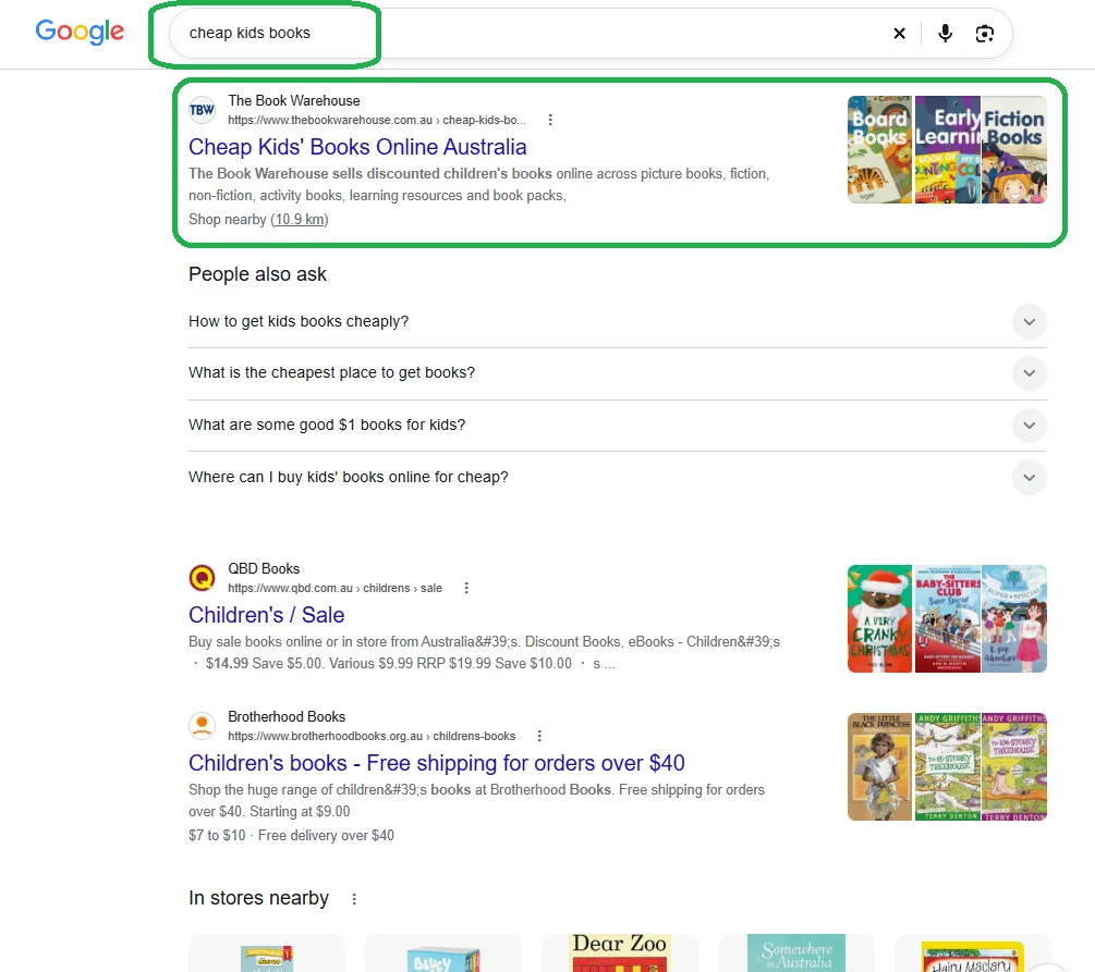 Google search results for cheap kids books showing The Book Warehouse above QBD Books and Brotherhood Books