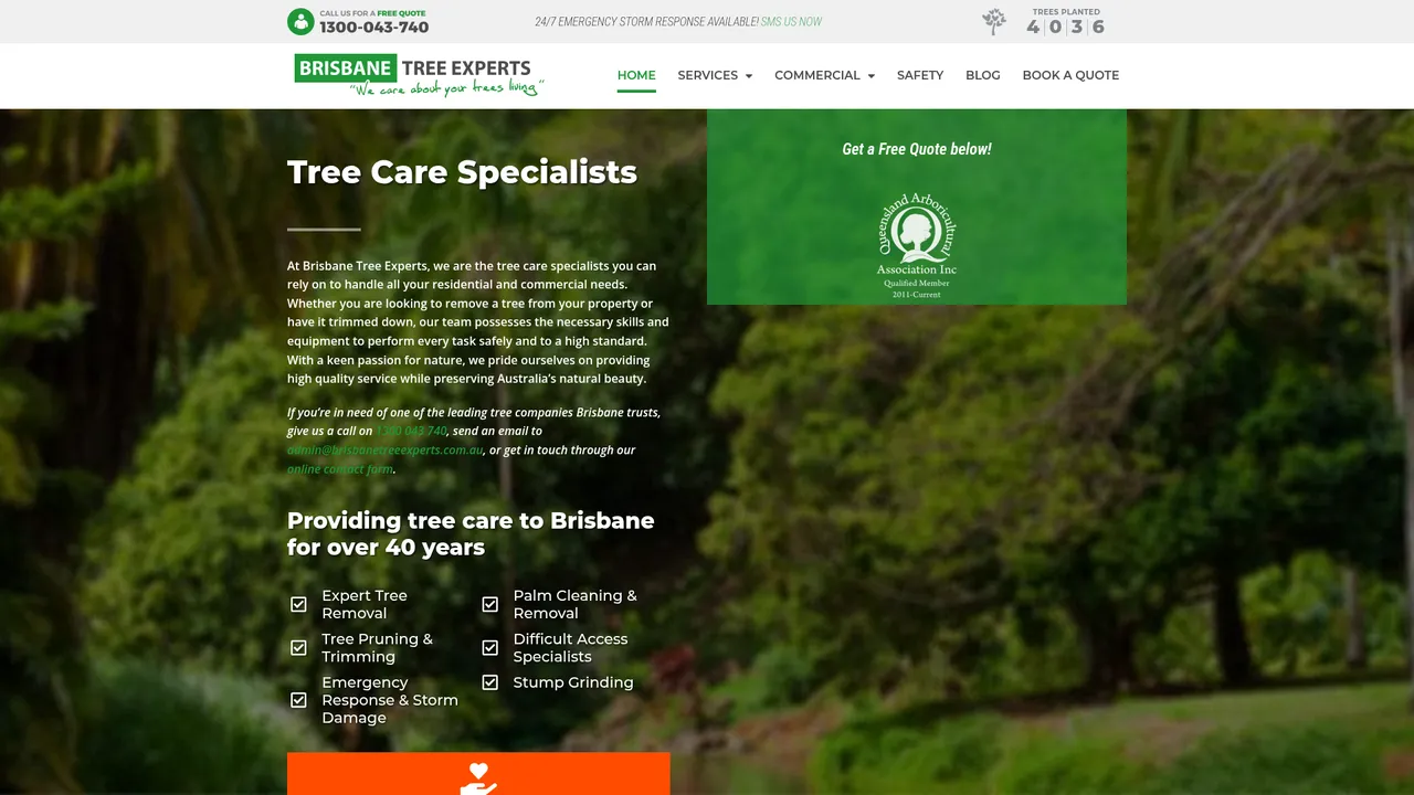 The brisbanetreeexperts.com.au homepage on WordPress, showing a Tree Care Specialists hero over a leafy canopy, a get a free quote panel and a services checklist