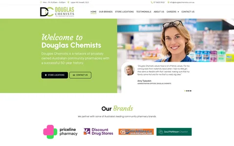 The redesigned douglaschemists.com.au homepage built on WordPress, showing a Welcome to Douglas Chemists hero with a pharmacist, a customer testimonial and partner pharmacy brand logos