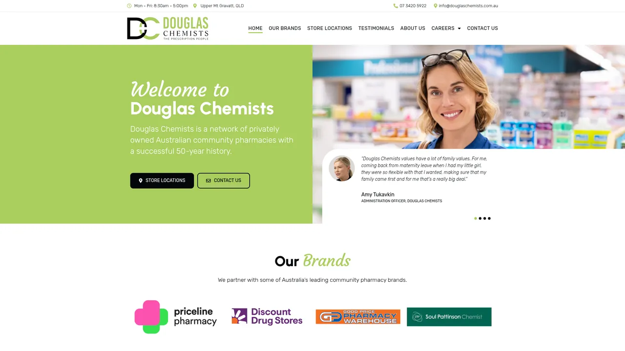 The redesigned douglaschemists.com.au homepage built on WordPress, showing a Welcome to Douglas Chemists hero with a pharmacist, a customer testimonial and partner pharmacy brand logos