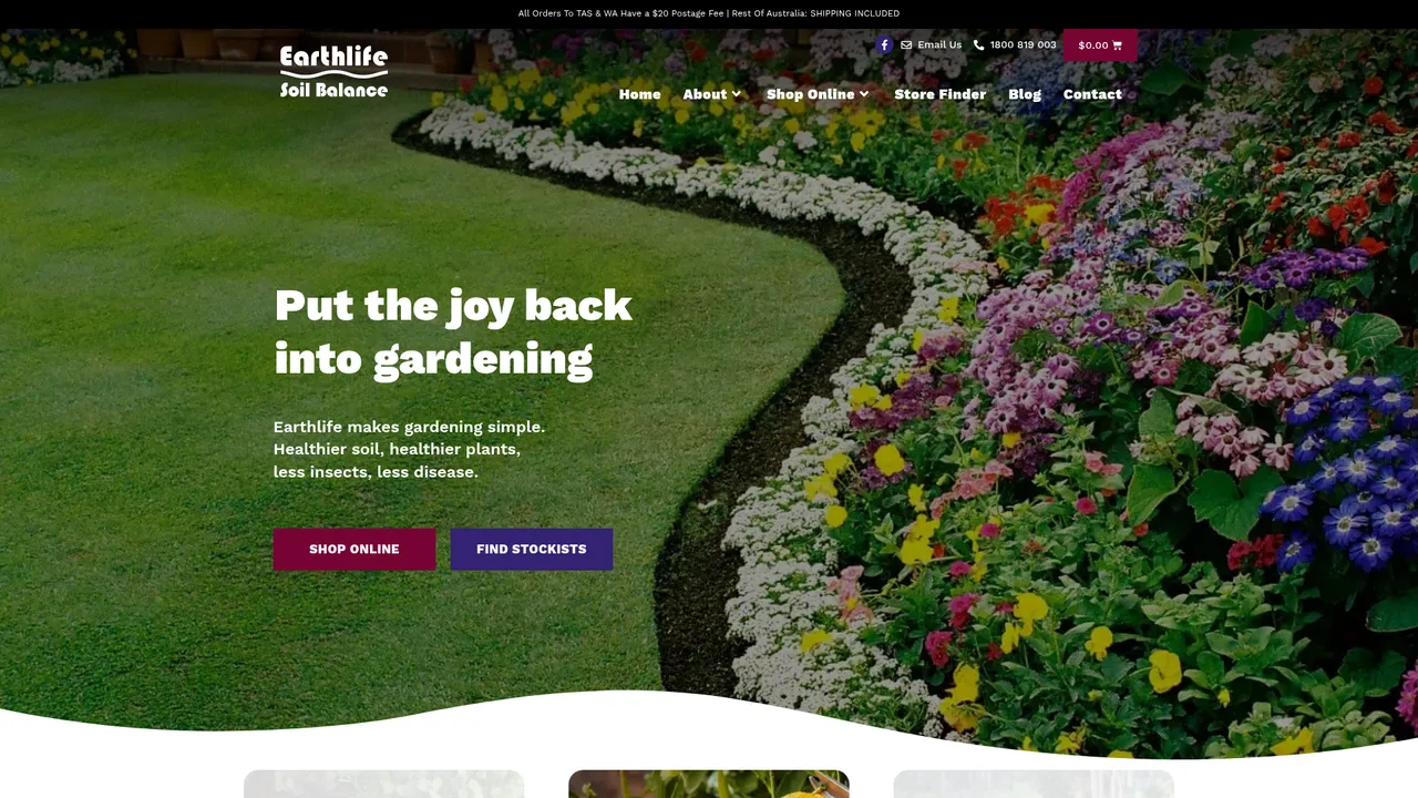 The earthlife.com.au homepage on WooCommerce, showing a lush garden hero, the headline Put the joy back into gardening and Shop Online and Find Stockists buttons