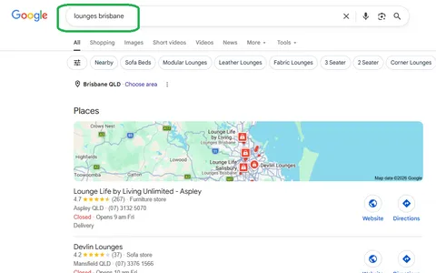 Google results for lounges Brisbane showing Eureka Furniture with a rich product listing and 4.8 store rating