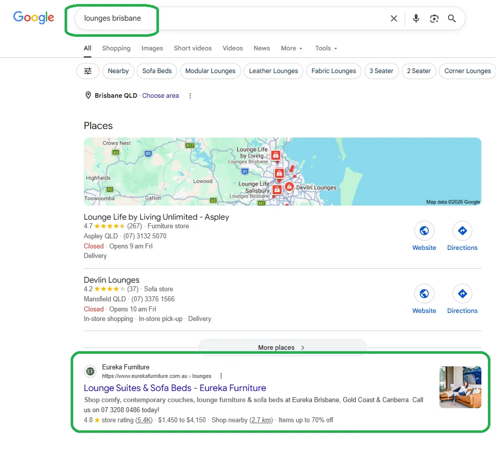 Google results for lounges Brisbane showing Eureka Furniture with a rich product listing and 4.8 store rating
