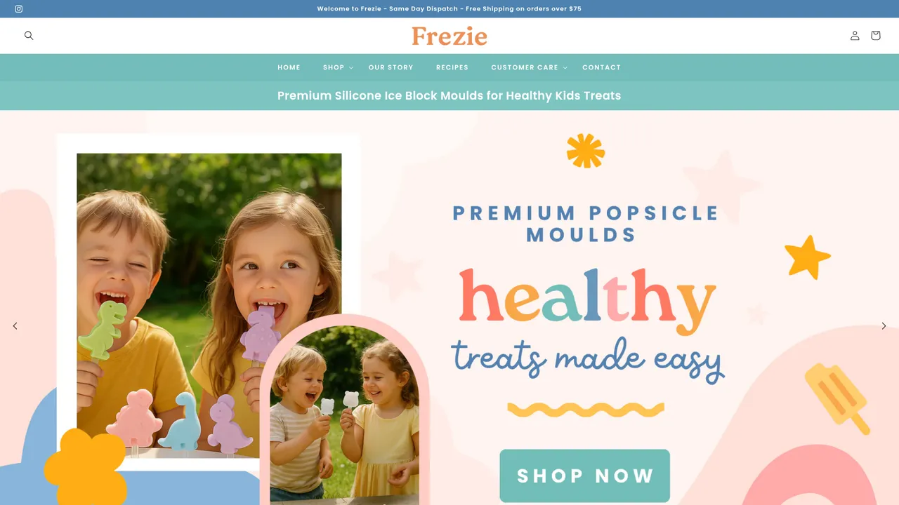 The frezie.com.au homepage built on Shopify, showing children eating dinosaur shaped ice blocks, a Premium Popsicle Moulds, healthy treats made easy hero and a Shop Now button