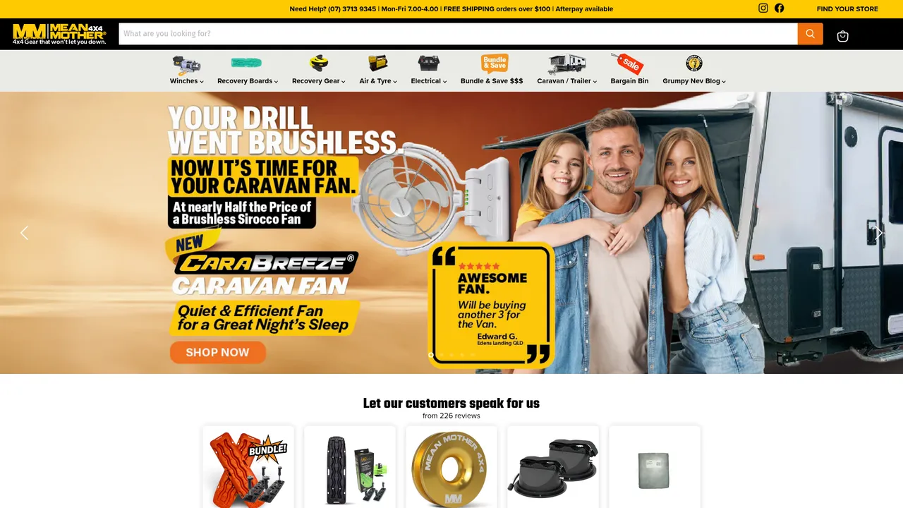 The meanmother.com.au homepage on Shopify, showing the Mean Mother 4X4 logo, a CaraBreeze caravan fan promotion and a category menu for winches, recovery boards and recovery gear