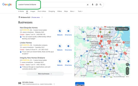 Google results for custom homes Brisbane showing Ownit Homes ranking on page one