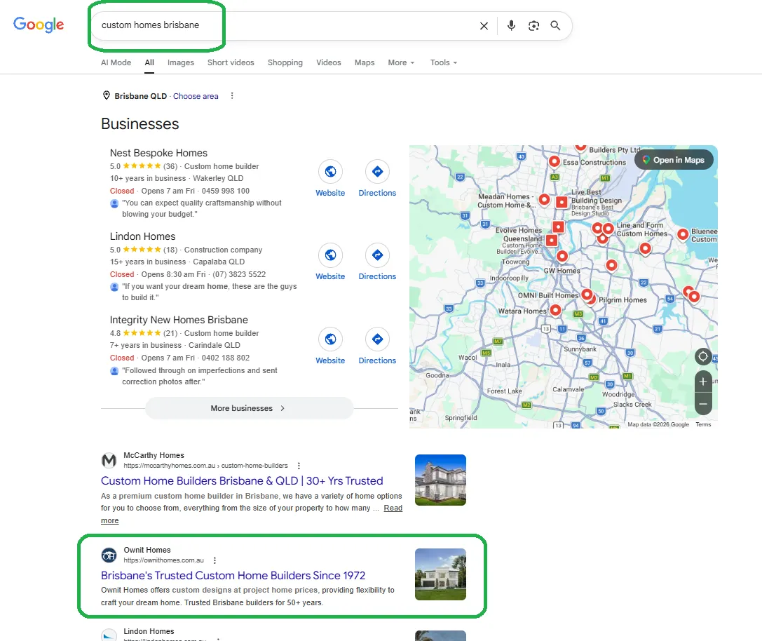 Google results for custom homes Brisbane showing Ownit Homes ranking on page one