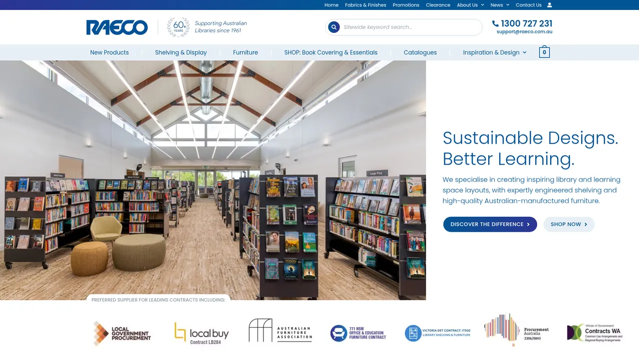 The redesigned raeco.com.au homepage built on WooCommerce, showing a library fit-out hero, Sustainable Designs Better Learning messaging and government procurement contract badges