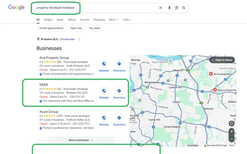 Google results for property developer Brisbane showing SIERA Property Group in the local pack with a 5.0 rating