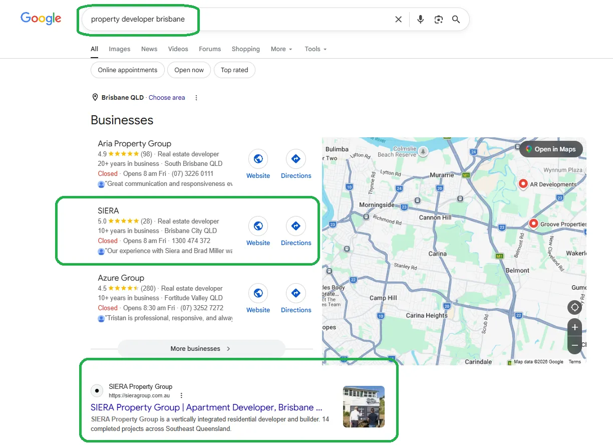 Google results for property developer Brisbane showing SIERA Property Group in the local pack with a 5.0 rating
