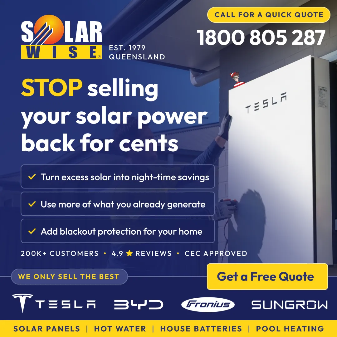 Solarwise battery campaign square ad with Est. 1979 Queensland heritage badge and stop selling your solar power back for cents headline