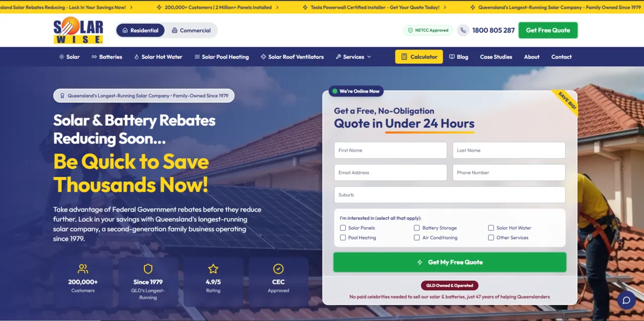 Solarwise website homepage leading with Queensland's longest-running solar company heritage and a quote form