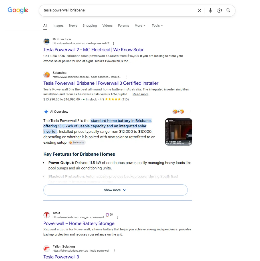 Google search results for tesla powerwall brisbane showing Solarwise in position 2 above Tesla's own Powerwall page, with Solarwise cited in the AI Overview