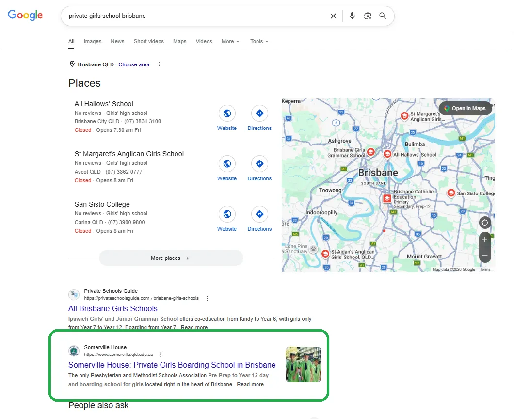 Google results for private girls school Brisbane showing Somerville House ranking on page one