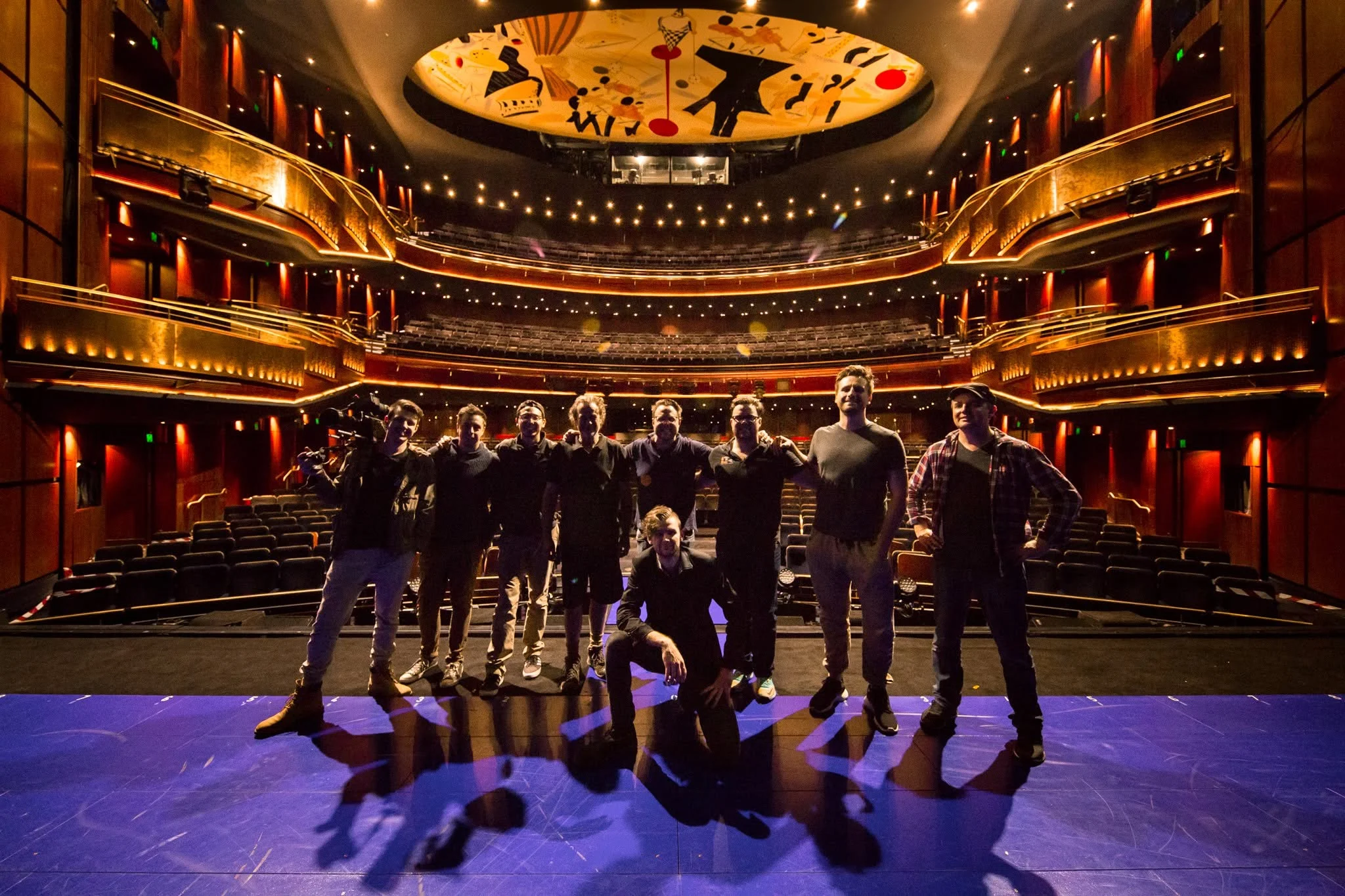 The filming crew on stage at Sydney Lyric Theatre after wrapping The Bodyguard musical EPK and television commercial shoot
