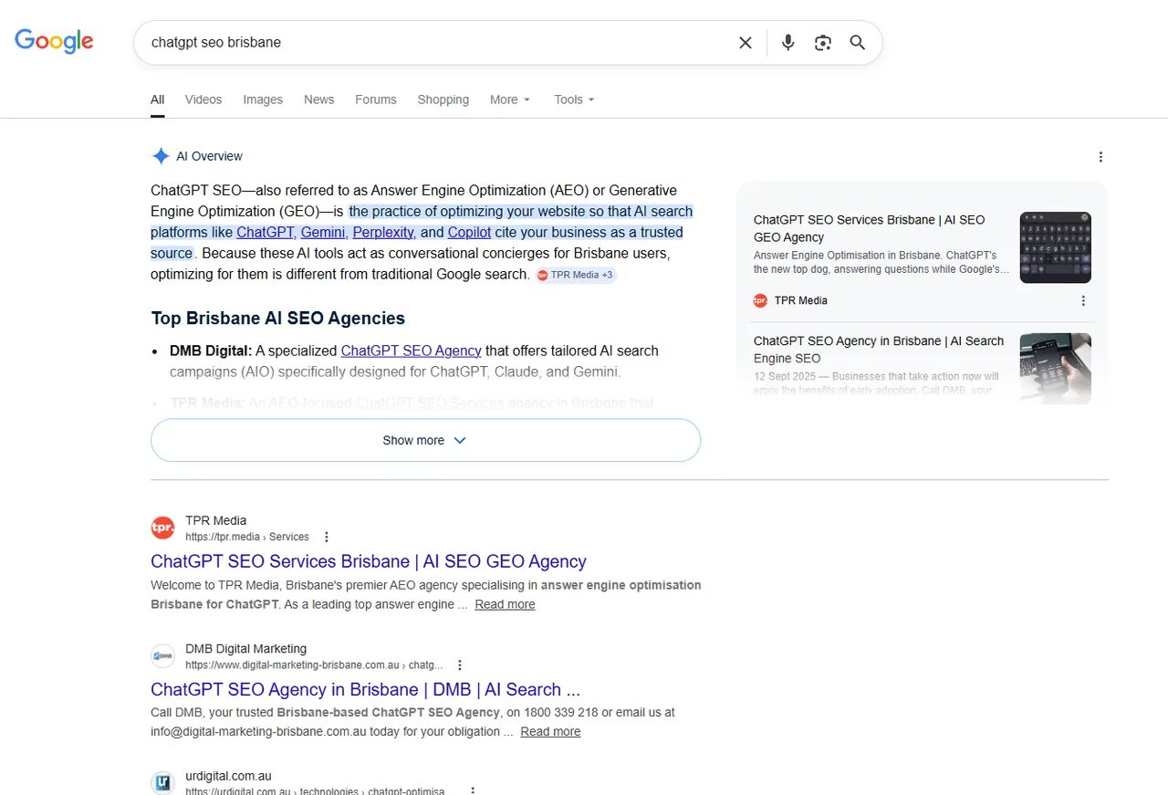 Google results for ChatGPT SEO Brisbane showing TPR Media cited in the AI Overview and ranking first organically